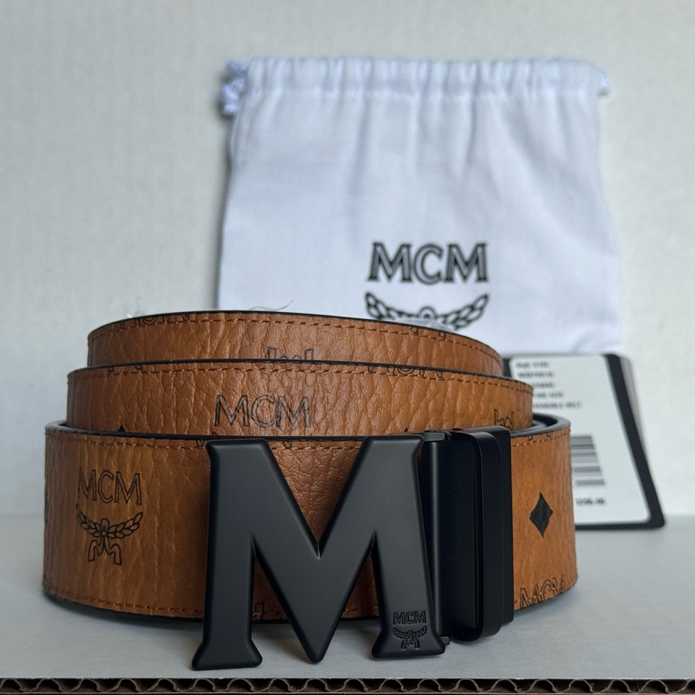 MCM Tan Leather Belt with Black Buckle